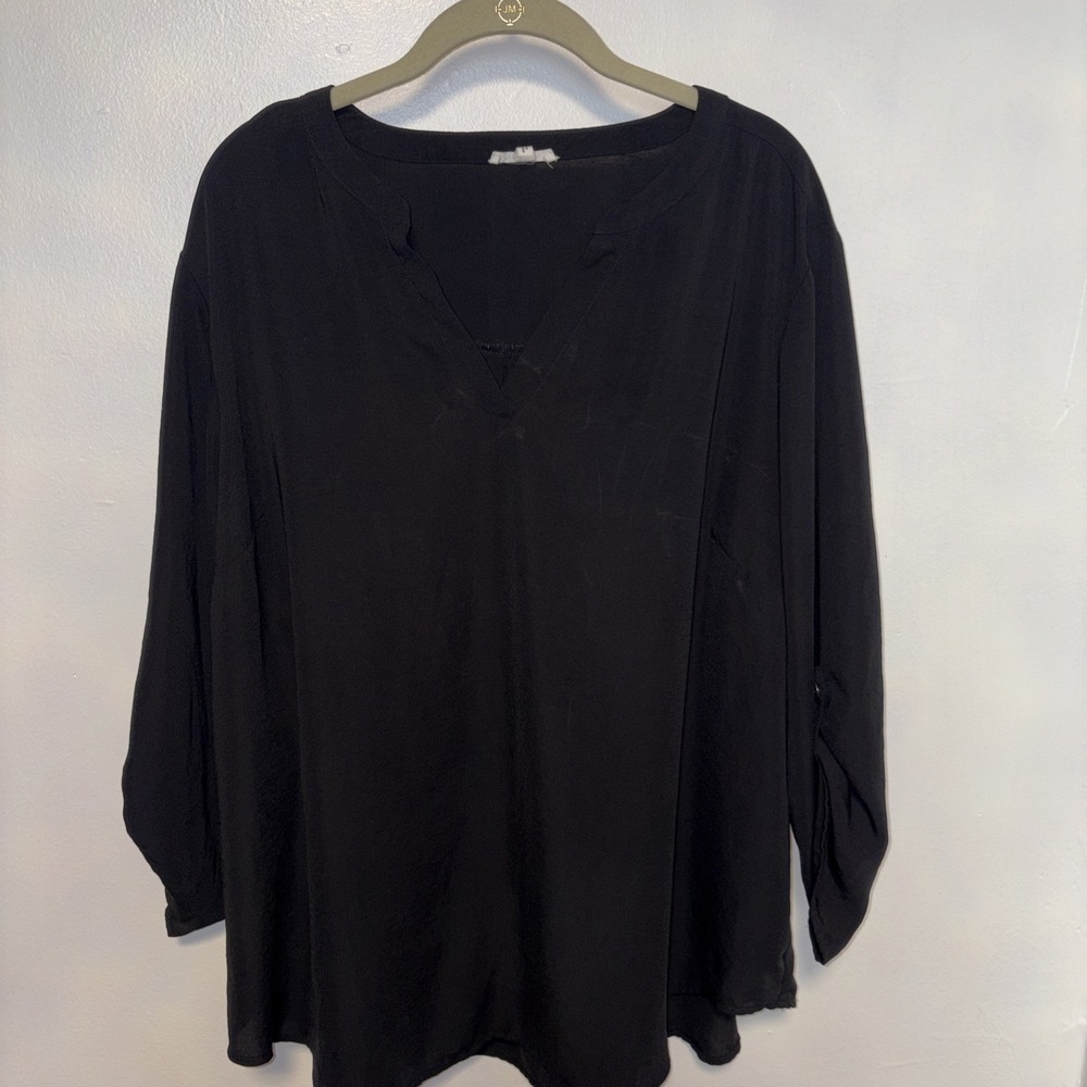 Maurices Black Chiffon Long Roll Tab Sleeve Split Neck Blouse Size S Flowy Work